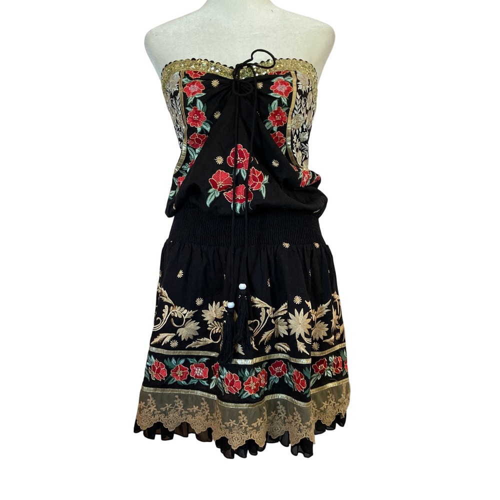 Venus Fiesta Mini Dress Embroidered Strapless Halter Lace Boho Floral (Size S)